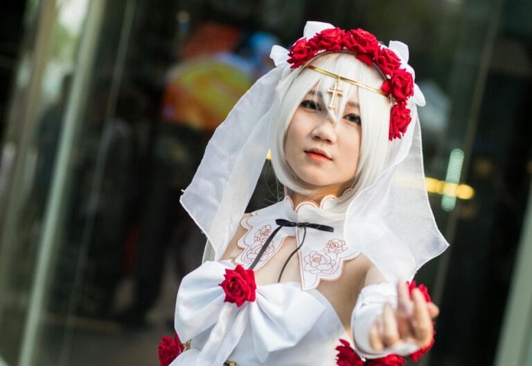 Character Ai Mobile Guide 52 Beautiful Cosplay Featuring A Bridal Character With Floral Details In An Outdoor Setting.
