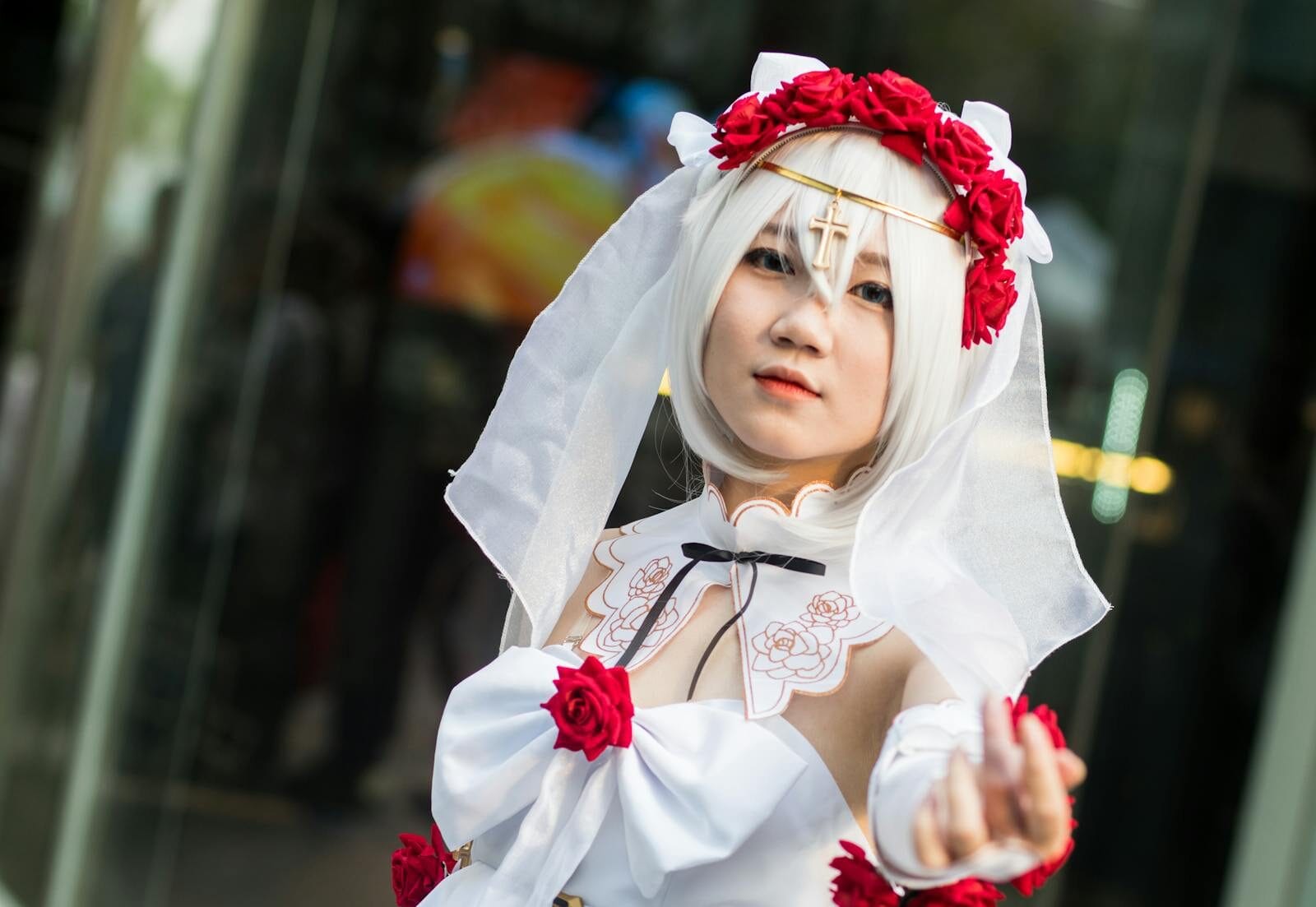 Character Ai Story Generator Guide 1 Beautiful Cosplay Featuring A Bridal Character With Floral Details In An Outdoor Setting.