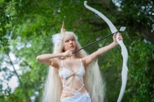 woman, cosplay, archer, arrow, leaves, trees, forest, nature