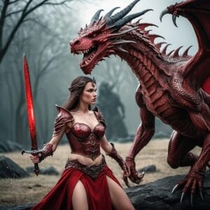 ai generated, woman, dragon, knight, warrior, sword, fantasy, medieval, armor, fighter, history, cosplay, weapon, battle, female