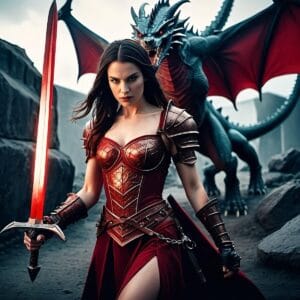 red, fantasy, warrior, ai generated, woman, knight, dragon, sword, medieval, armor, fighter, history, cosplay, weapon, battle, female