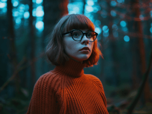 ai generated, woman, model, cosplay, velma, glasses, female, photorealistic, nerdy, beautiful, portrait