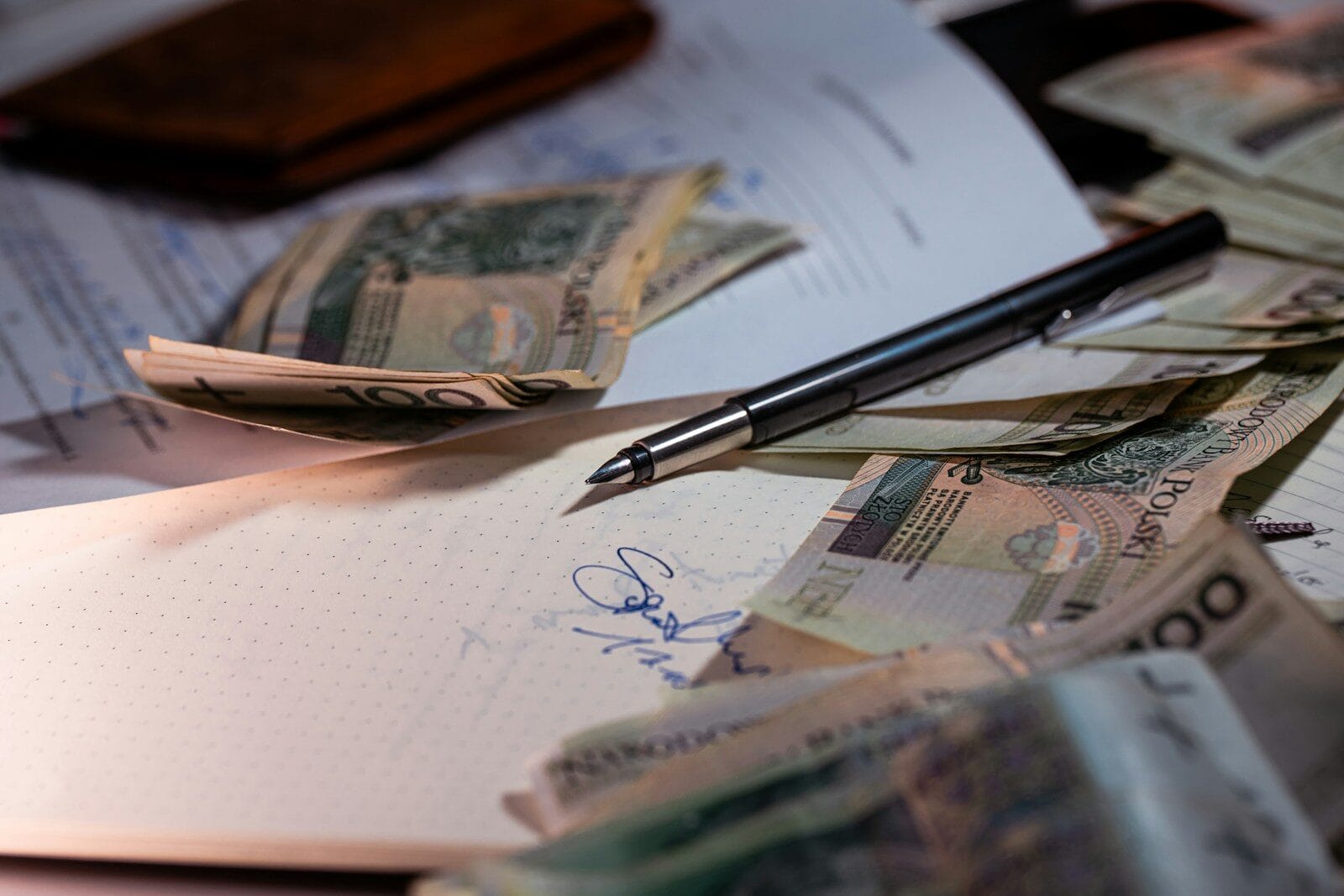 Pen and money scattered on documents